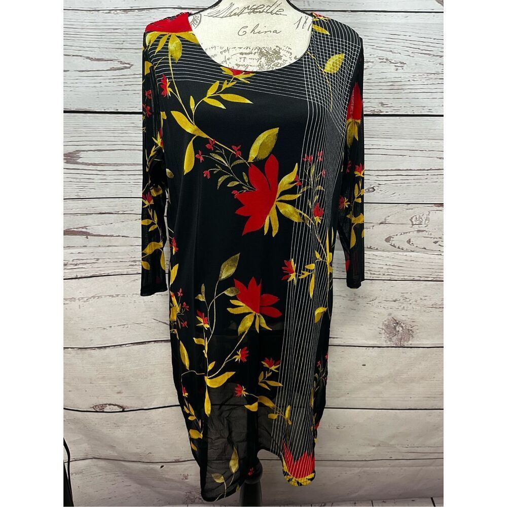 Alfani 1X Black Floral Print Sheer Overlay Long Sleeve Tunic Top Women